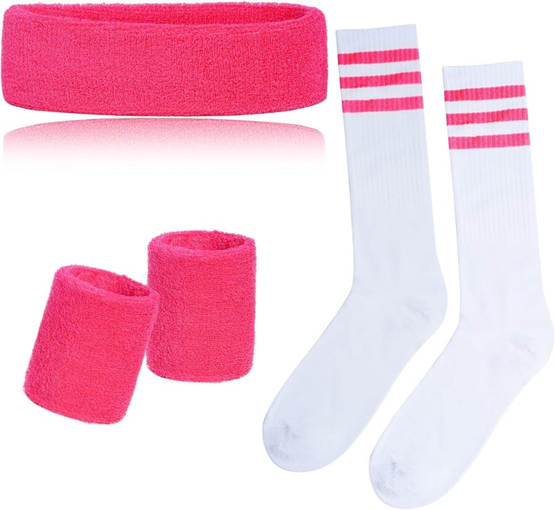 Sucrain 5 Pieces Striped Sweatbands and Socks Set, Sports Sweatbands Wrist Sweat Bands Red, White& Blue High Tube Socks 80s Accessories Costumes for Men Women - Image 1